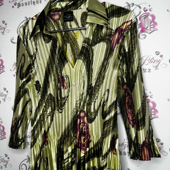 Mini pleats magic scarf top pleated floral green purple stretchy soft shiny luxe - Picture 2 of 11